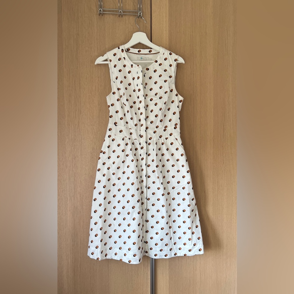 Boden white cotton sleeveless dress with black/brown polka dots, size 8R